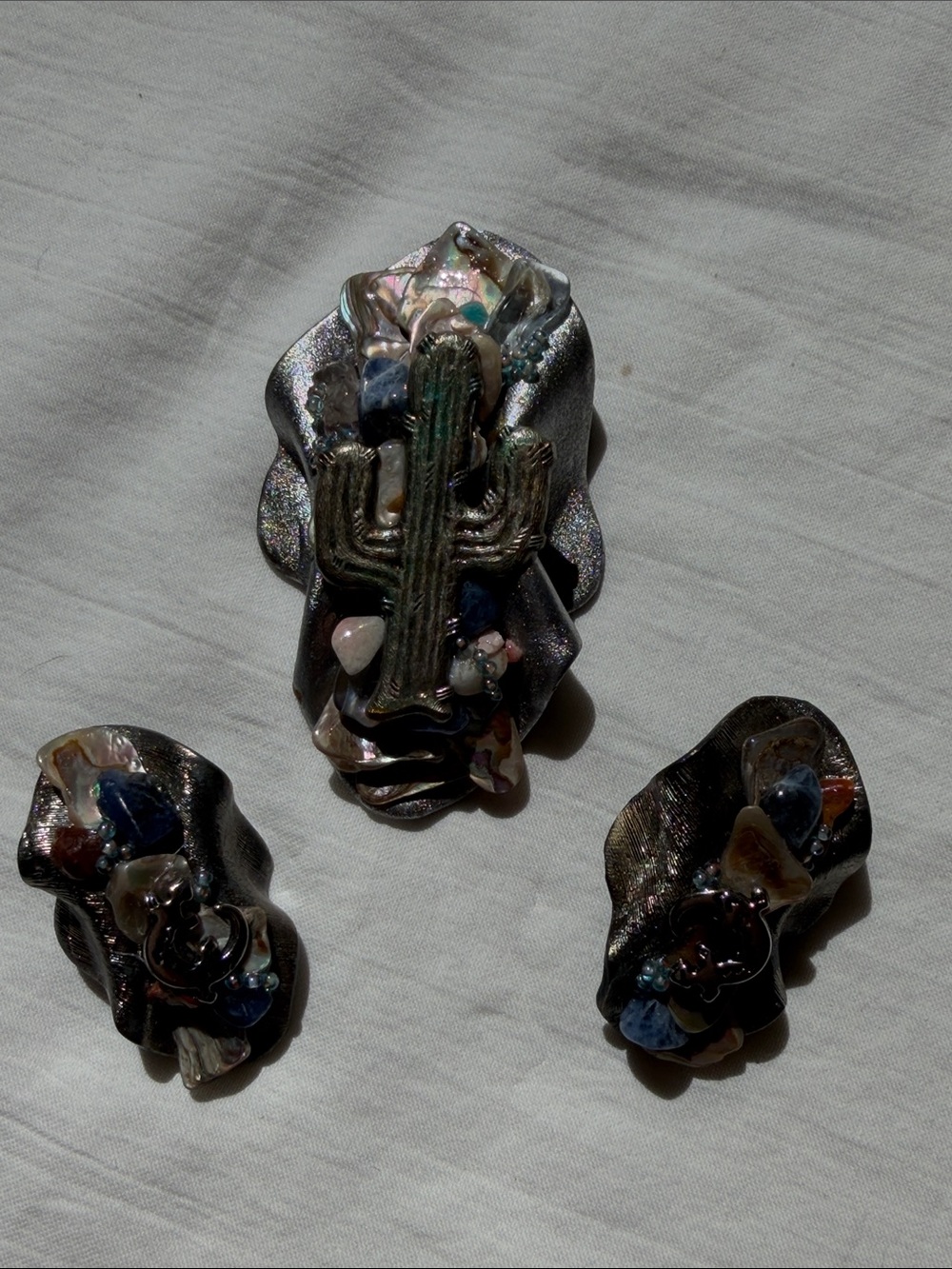 Handcrafted Iridescent Cactus Statement Rpin and Earrings Set - Multicolor